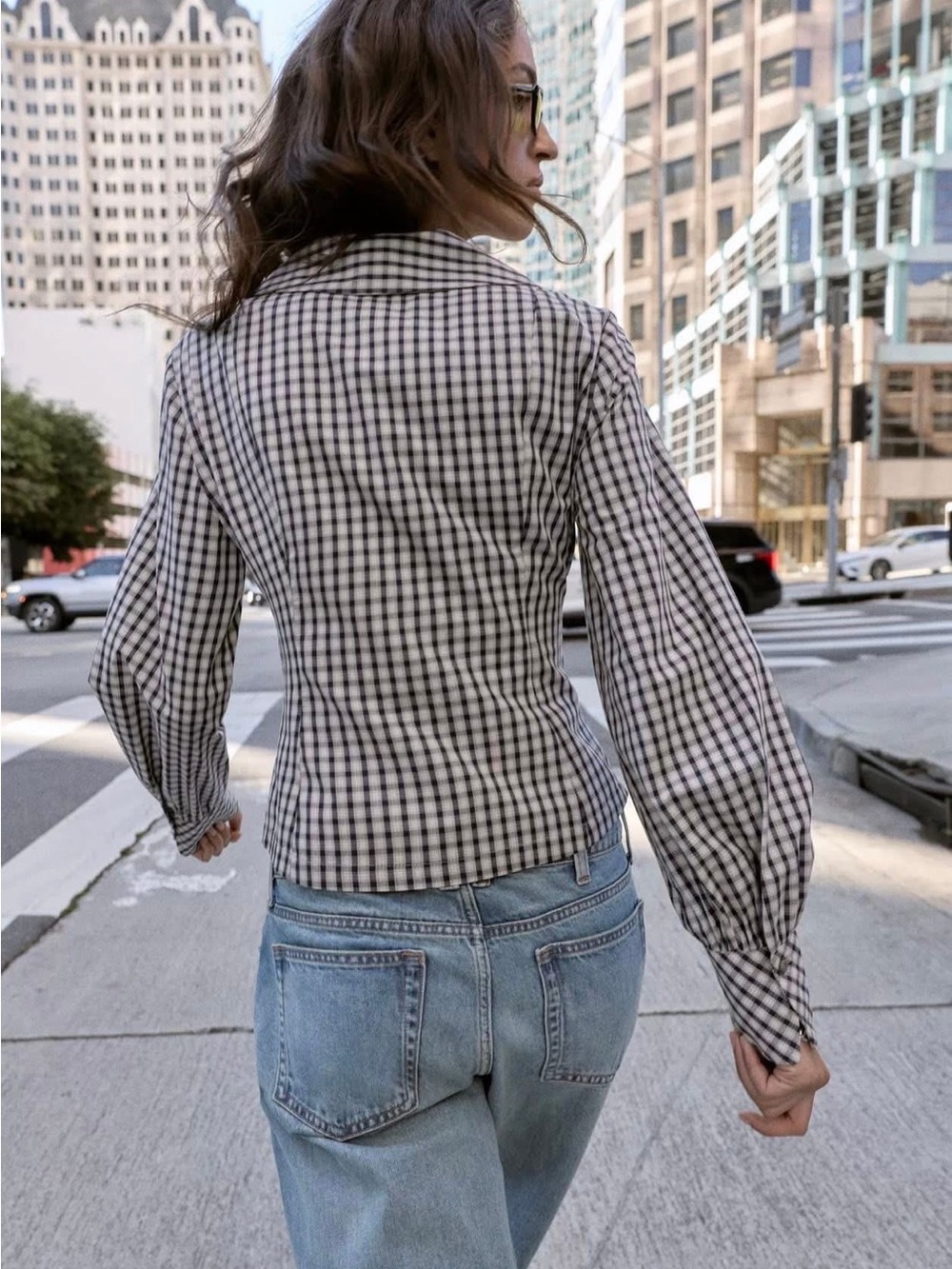 Zara Checkered Gingham Button Up Collared Top - Picture 2 of 5